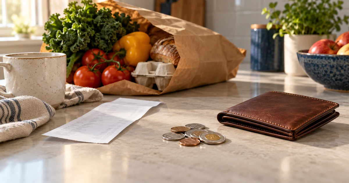 Épicerie, reçu, pièces et portefeuille sur un comptoir ensoleillé.